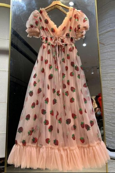 Sexy V-neck Belted Strawberry Long Prom Dress