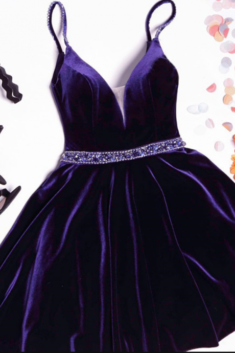 Purple Velvet Spaghetti Straps Plunge V Short Skater Dress Featuring Beaded Embellished Belt