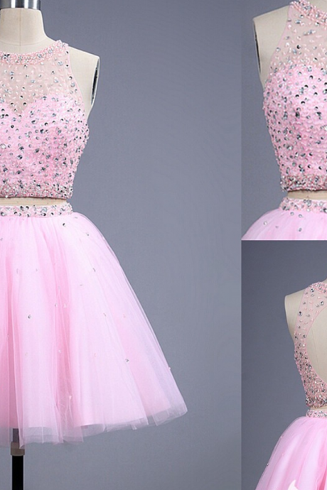 Sexy Backless Two Piece Pink Beaded Embellished Illusion Jewel Neck Homecoming Dress