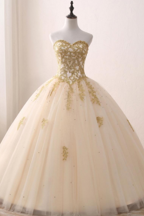 Real Images Gold Appliqued Ball Gown Quinceanera Dresses Sweetheart Tulle Floor Length Sweet 16 Dresses Party Dress