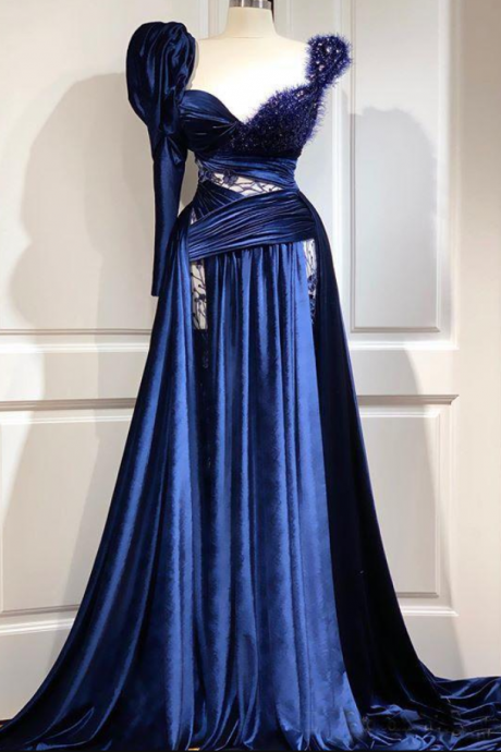 Royal Blue Evening Dresses 2020 Lace Velvet Long Sleeves Arabic Prom Party Dresses Formal Gowns vestido de noiva