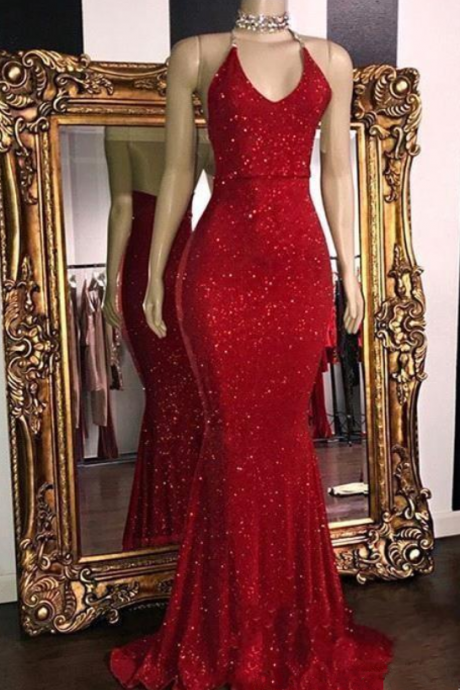New Sparkly Red Sequins Prom Dresses Halter Mermaid Long Prom Gowns Low Back Arabic Party Dress 