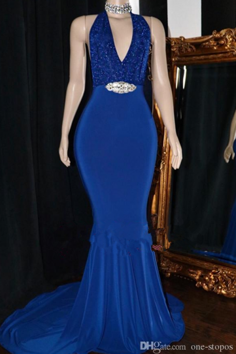 Royal Blue Mermaid Prom Evening Dresses Sexy Backless Crystal Sash Formal Party Gown Plus Size Pageant Dresses Custom Made