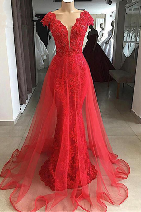  New African Red Full Lace Mermaid Prom Evening Dresses Lace Appliqued Formal Party Gown Plus Size Pageant Dress For Black Girl