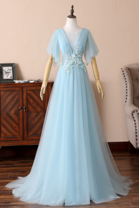 Prom Dresses Tulle Bridesmaid Dress V-Neck and A-Line Wedding Gown Lace Up Back Bridal Gown Infinity Evening Party Dress