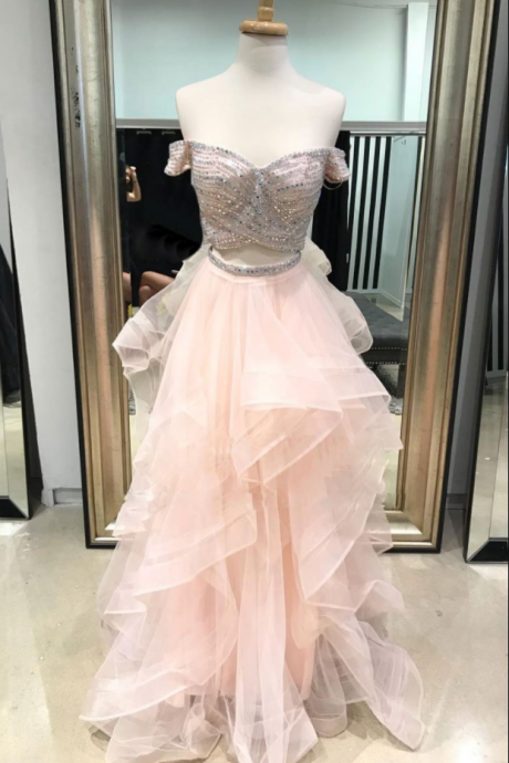 Pink Off Shoulder Two Pieces Beaded Prom Dress,Tulle A-Line Evening Dress