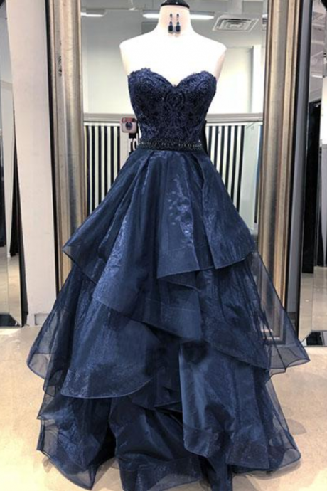 Dark Blue Lace Tulle Long Prom Dress, Ball Gown Party Dress For Teens