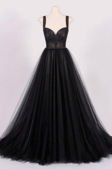 Newest Black Sweetheart Neck Tulle Prom Dress,Black Evening Dress 
