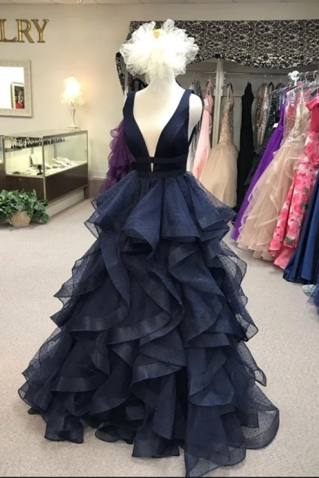 Navy Prom Dress,tulle Prom Gown,v-neck Evening Dress,a-line Prom Gown