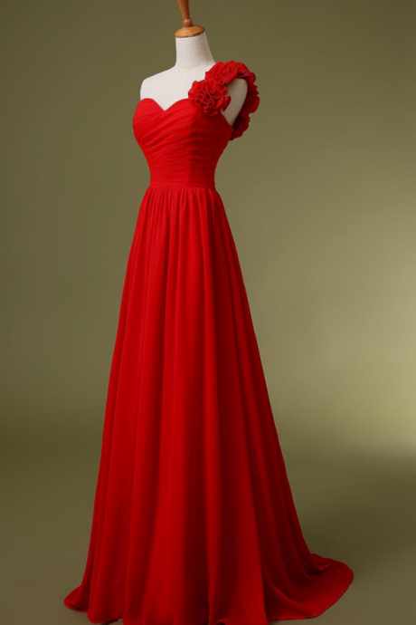 Custom Made Red Ruffled One Shoulder Asymmetrical Chiffon Long Evening Dress, Prom Dress, Wedding Dress, Bridesmaid Dresses