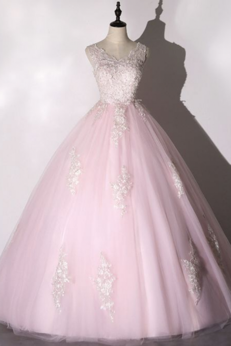 Pink Tulle Lace Long Ball Gown Dress Formal Prom Dress