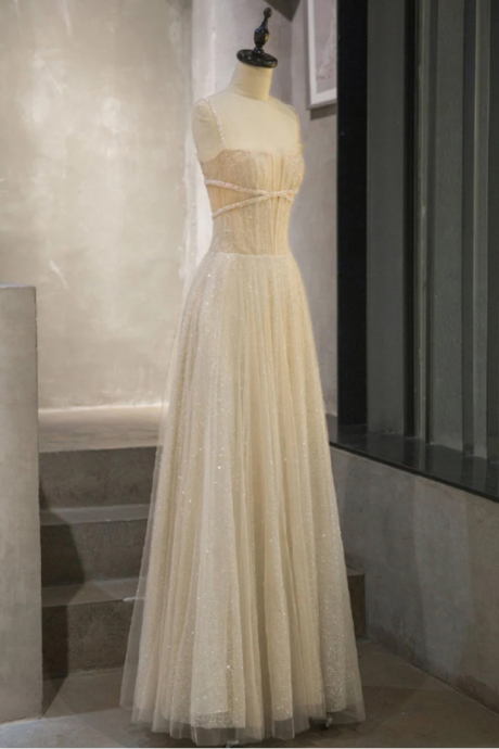 Champagne Tulle Long Prom Dress Champagne Tulle Formal Dress