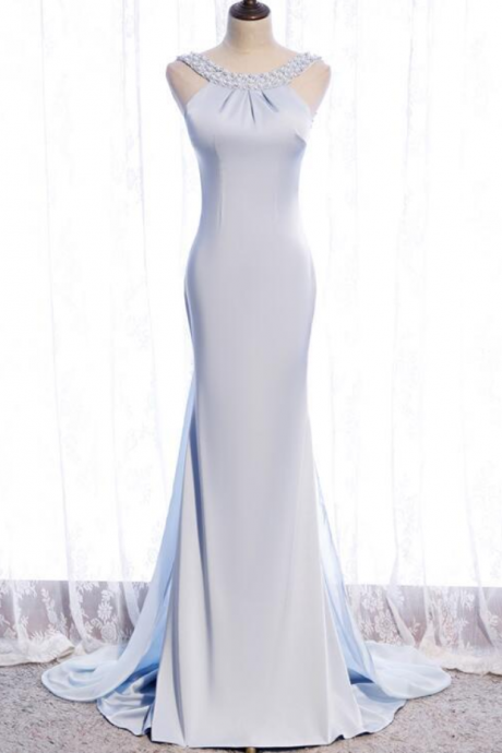 Light Blue Long Mermaid Backless Elegant Prom Dress, Blue Evening Dress Party Dress