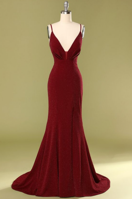 Burgundy V-neck Evening Dress， Mermaid Prom Dress