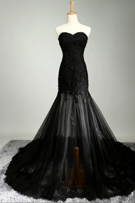 Prom Dresses Vintage Black Wedding Dress Lace Beaded Mermaid Bridal Dress Sheer Skirt Sweetheart Formal Dresses Black Party Dress Sequin Prom