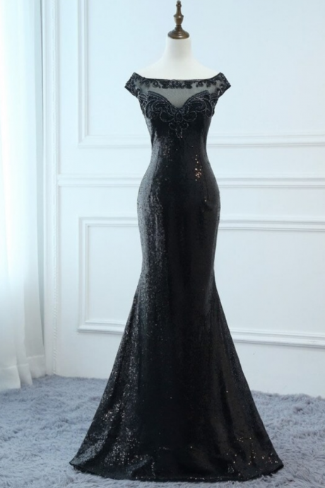 Prom Dresses Black Sequin Prom Dresses Long Trumpet/Mermaid V Bateau Evening Dresses Foral crystal Dress Women Formal Party Gown Fashionable Bride Gown