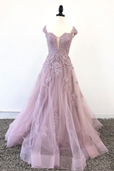Tulle Lace Long Prom Dress, Pink Tulle Lace Evening Dress
