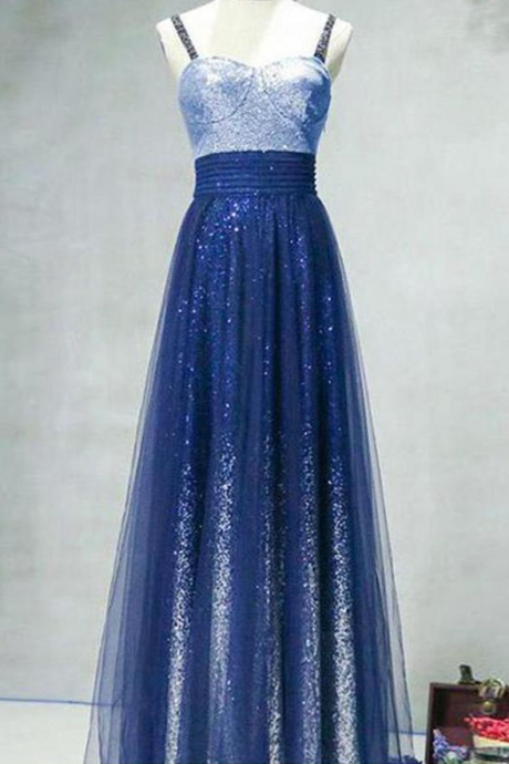 A Line Ombre Spaghetti Straps Tulle Blue Sequins Sweetheart Prom Homecoming Dress