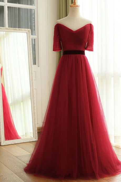 Simple Burgundy Tulle Prom Dress, A-line Evening Dresses 2018 Formal Gowns