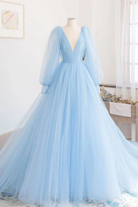 Blue V Neck Tulle Long Prom Dress Blue Tulle Evening Dress