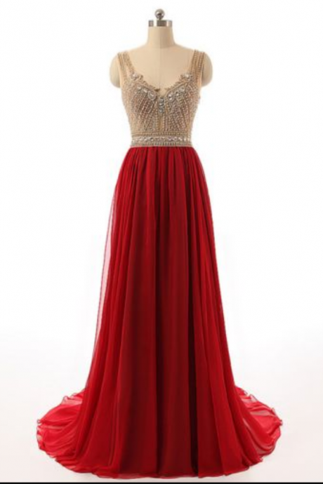 Elegant V Neck Red Beaded Bridesmaid Dresses, Red Prom Dress, Beautiful Floor Length Backless Chiffon Prom Dresses Wedding Party Dresses Formal