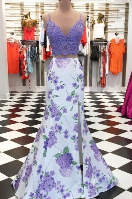 Spaghetti Straps Two Piece Purple Mermaid Slit Prom Dress with Floral Print Skirt