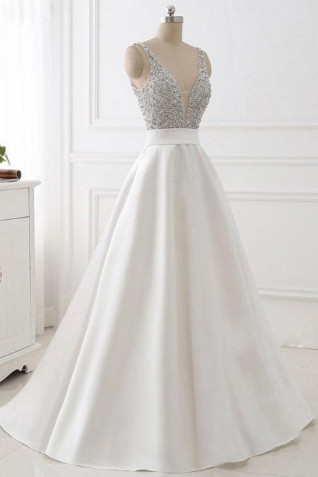 A Line V Neck Off The Shoulder Beads Ivory Backless Prom Dresses Evening Gown Party Dress
