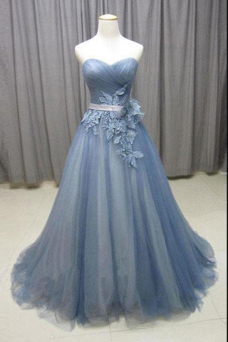 Real Picture A Line Dusty Blue Tulle Appliques Prom Dresses Evening Formal Dress