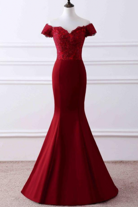 Short Sleeves Lace Red Mermaid Off The Shoulder Lace Prom Dresses Formal Dress Evening Gowns