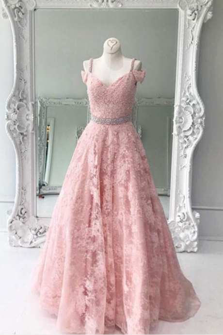 Elegant A-line Prom Dresses,beaded Prom Dresses,pink Prom Dresses,lace Prom Dresses,long Evening Dresses,party Dresses