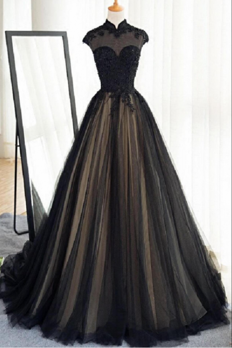 Vintage A-line Prom Dresses,black Prom Dresses,high Neck Prom Dresses,applique Prom Dresses,evening Dresses,party Dresses,wedding Dresses