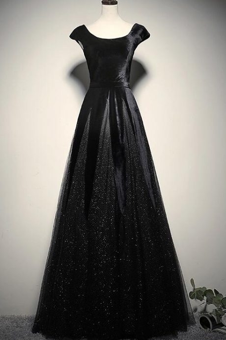 Elegant Black Velvet Cap Sleeves Evening Dress, Black Prom Dress.