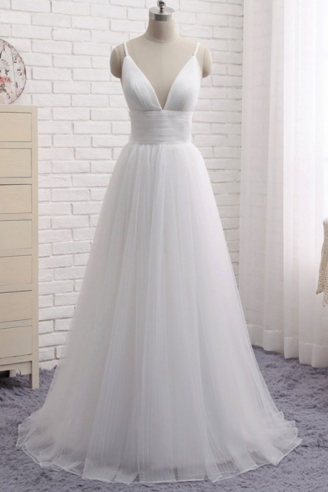 Simple White V Neck Tulle Long Prom Dress