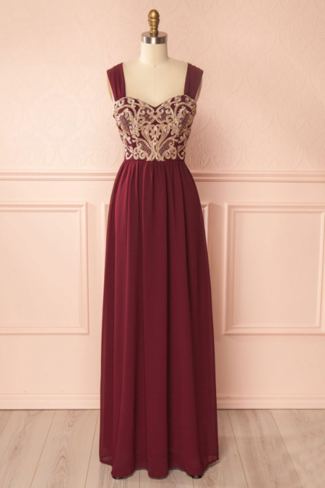 Simple Burgundy Chiffon Embroidery Long Prom Dress,Burgundy Evening Dresses