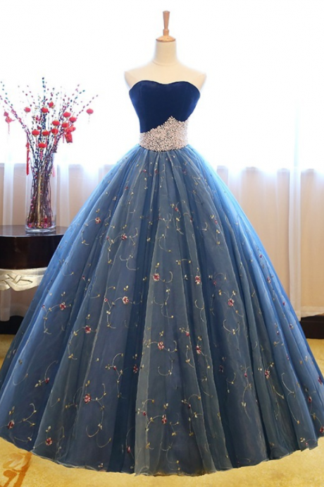 Ball Gown Sweetheart Sleeveless Blue Lace Prom Dress With Beaded