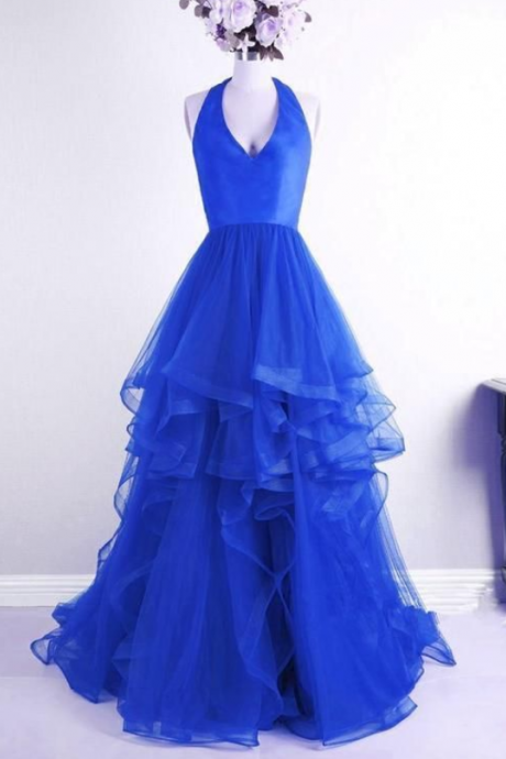 Royal Blue V Neck Sleeveless Prom Dresses