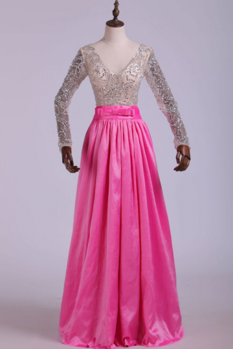 Prom Dresses V Neck A Line Taffeta With Beading Floor-Length Long Sleeves