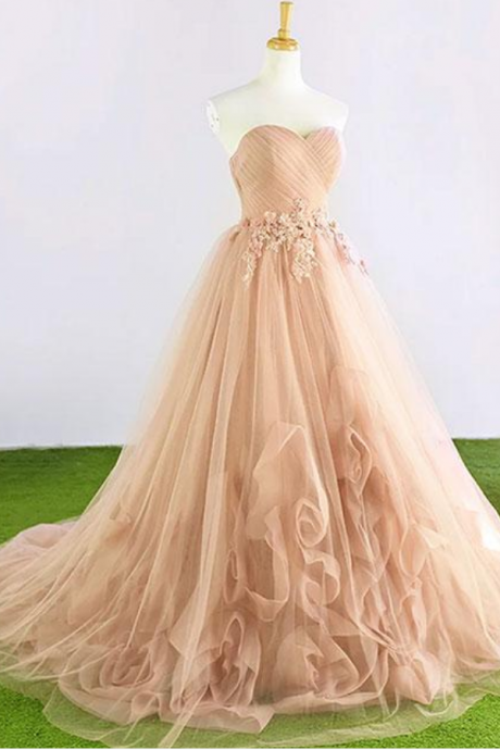 Champagne Tulle Prom Dresses, Gorgeous Lace-up Sweetheart Party Dresses, Long Prom Dresses