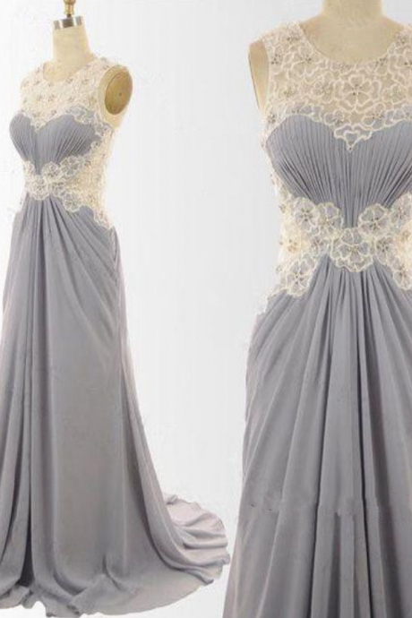 Elegant Grey Long Chiffon Prom Dresses, Grey Wedding Party Dresses With Lace Detail, Party Dresses
