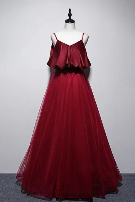 Spaghetti Strap Red Prom Dress, Flounces Collar, Stylish Evening Dress,high Waist Maternity Gown,custom Made
