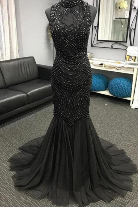 Sexy High Neck Black Beaded Sheath Long Prom Dresses Custom Made Women Party Gowns , Long Evening Dresses