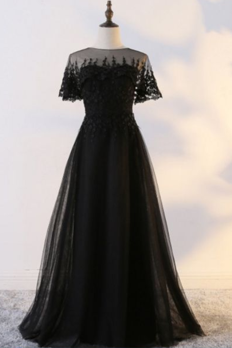 Black Tulle Long Party Dress With Lace Applique, Black Formal Gown