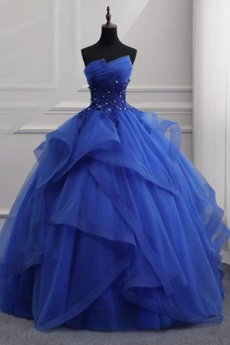Blue Tulle Ball Gown Lace Beaded Long Quinceanera Dresses, Blue Sweet 16 Dress
