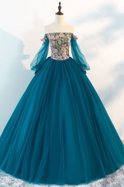 Princess Off-The-Shoulder Long Sleeve Appliques Lace Floor-Length Prom Dress