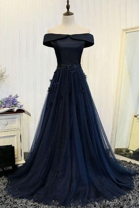 Navy Blue Off Shoulder Floor Length Party Dress, Prom Dress