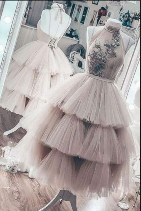 Unique Short Layered Tulle High Neck Backless Short Prom Dress, Homecoming Dresses