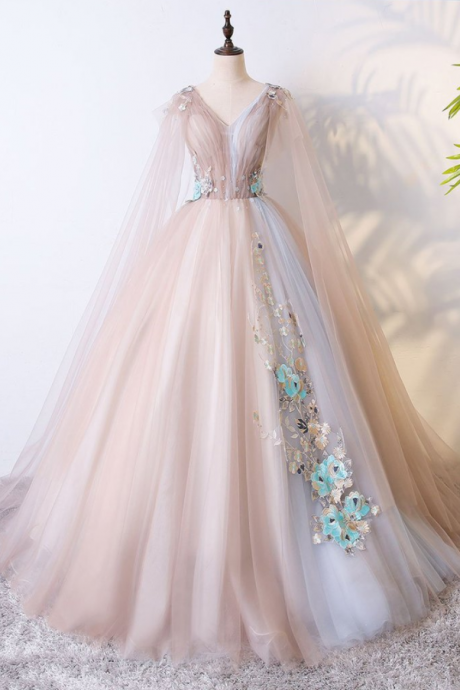 Romantic Tulle V Neck Long Evening Dress,lace Appliques Senior Prom Dress