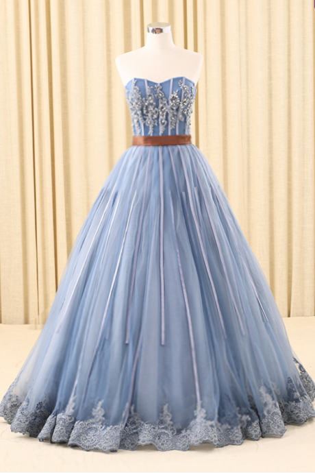 Prom Dresses, Fashion Prom Dresses,blue Sweetheart Neckline Long Tulle Prom Dress With Beading