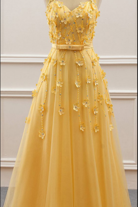 Yellow Floral Tulle Party Gowns, Yellow Junior Prom Dress, Lovely Formal Dress