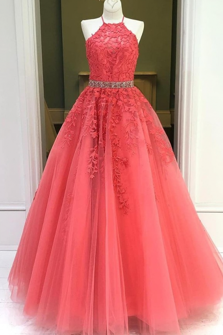 Red Appliques Long Prom Dress